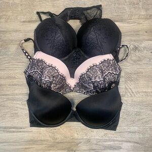 Victoria Secret Bundle 3 Bras Push Up Plunge Padded Satin Lace